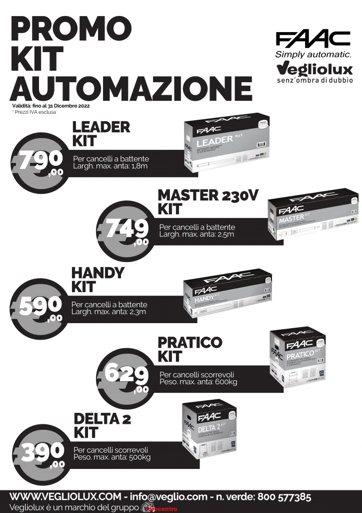 Faac Promo Kit Automazione: da vegliolux la migliore illuminazione e le migliori elettroforniture